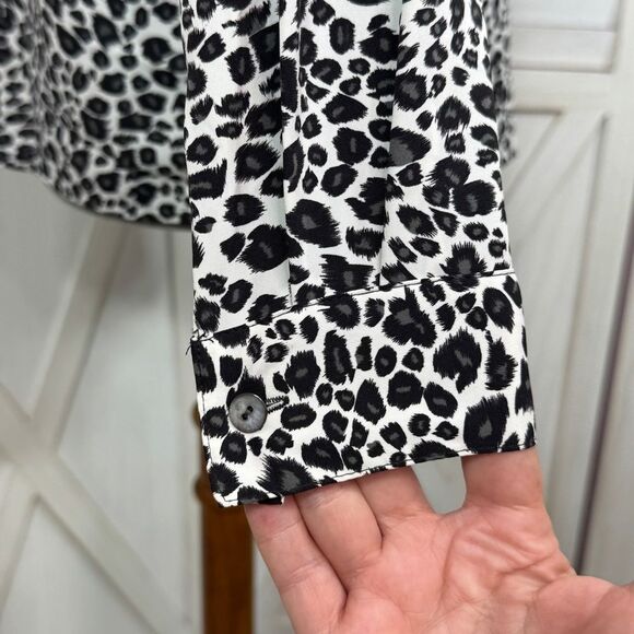 Notations Leopard Print Button Up Blouse White Black Small Long Sleeve Collared - Picture 6 of 11